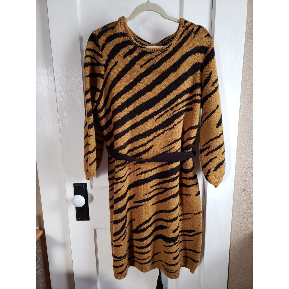 Robert Louis Sweater Dress Ballon sleeves brown‎ animal print  belted Womens XL